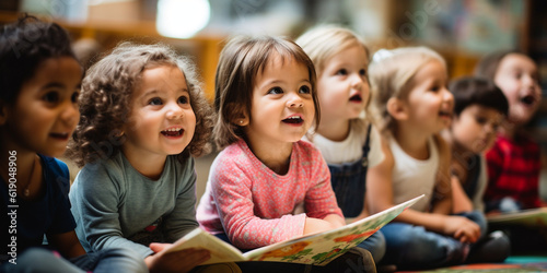 Foto Kinder im Kindergarten haben Spaß und sind interessiert an Lesestunde, ai genera