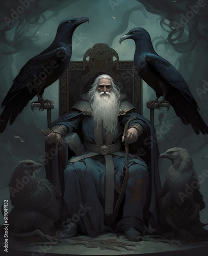 Odin, the Allfather, sitting on his high throne in Asgard, accompanied by ravens.