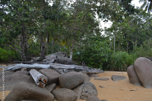 Temajuk beach in Indonesia, with beautiful view and rocks. West kalimantan