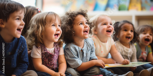 Kinder im Kindergarten haben Spaß und sind interessiert an Lesestunde, ai generativ