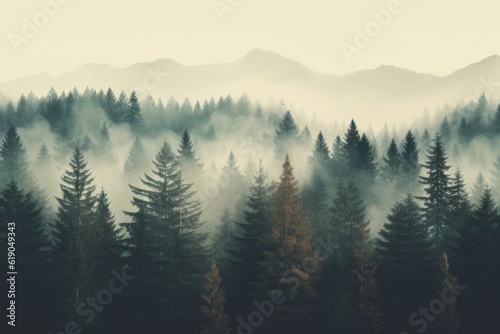 Enchanting Mist Vintage Retro Hipster Style Fir Forest Landscape AI Generated © ParinApril
