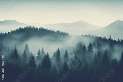 Enchanting Mist Vintage Retro Hipster Style Fir Forest Landscape AI Generated