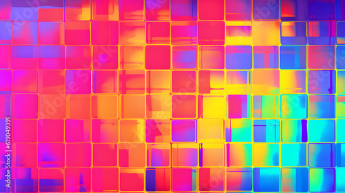 Seamless psychedelic rainbow heatmap glass square blocks refraction pattern background texture. Trippy hippy abstract dopamine dressing fashion motif. Bright colorful neon retro wallpaper backdrop. photo