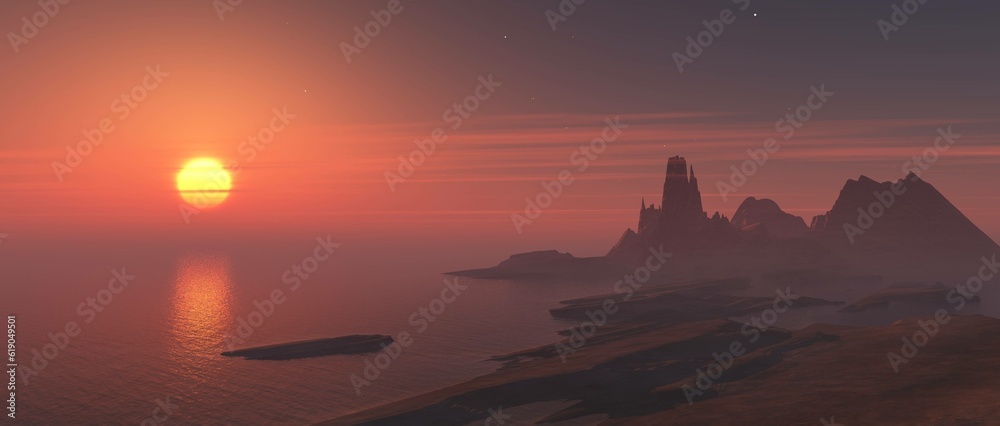 alien landscape, a panorama of a surface of another planet at sunrise,	3D rendering