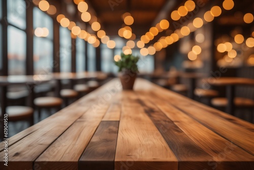 photo wooden table looking out to blurred empty bar for product stand made with Generative AI