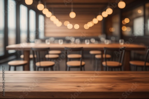 photo wooden table looking out to blurred empty bar for product stand made with Generative AI