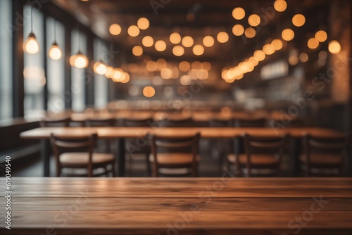 photo wooden table looking out to blurred empty bar for product stand made with Generative AI