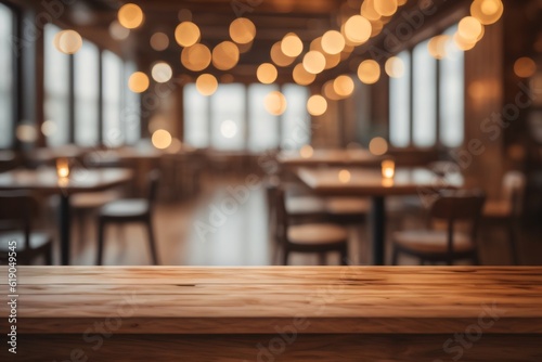 photo wooden table looking out to blurred empty bar for product stand made with Generative AI