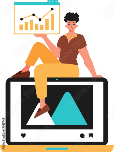 Guy with movie and growth chart . The topic of message publish plan. Trendy style, Vector Illustration