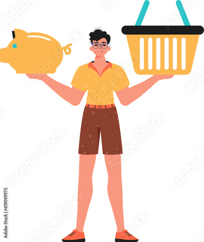 The Guy holds a piggy bank and a workshop basket in his hired handwrite. Trendy style, Vector Illustration