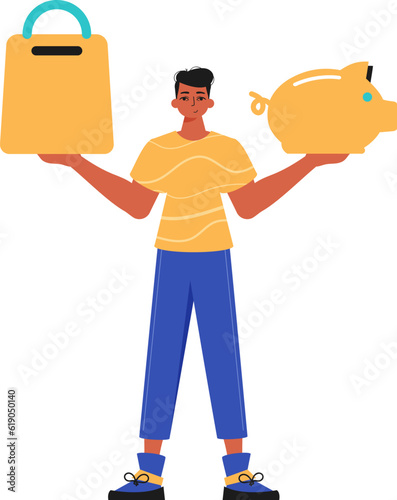 The Guy holds a piglet deposit and a workshop basket in his hired handwrite. Trendy style, Vector Illustration