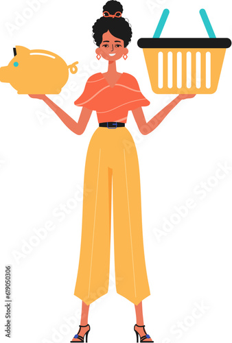 The girlfriend holds a piggy bank and a shopping basket in his hand. Trendy style, Vector Illustration
