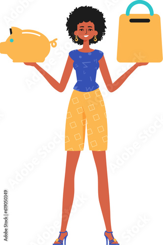 The girlfriend holds a piggy depository financial institution and a shop basket in his hand. Trendy style, Vector Illustration