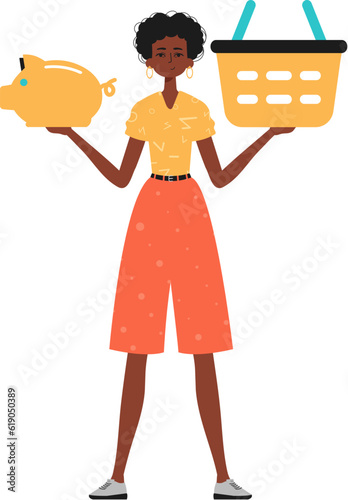 The girlfriend holds a piggy depository fiscal initiation and a denounce basket in his hand. Trendy style, Vector Illustration
