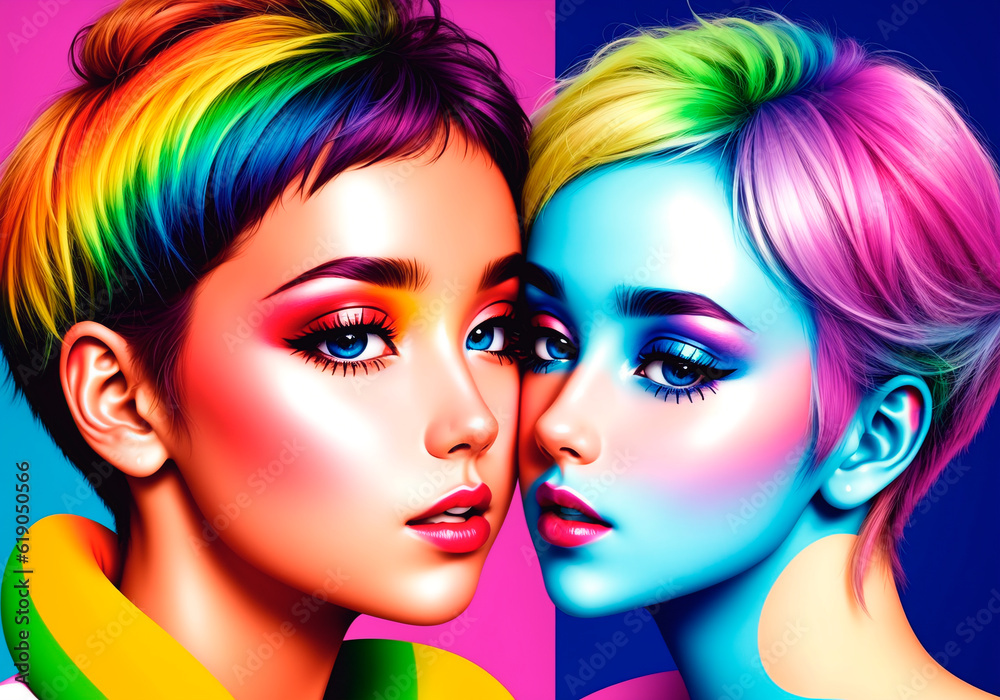 Pop art, lesbian girls loving each other. The concept of LGBT. Generative AI. Pop art, lesbian girls loving each other. The concept of LGBT. Generative AI.