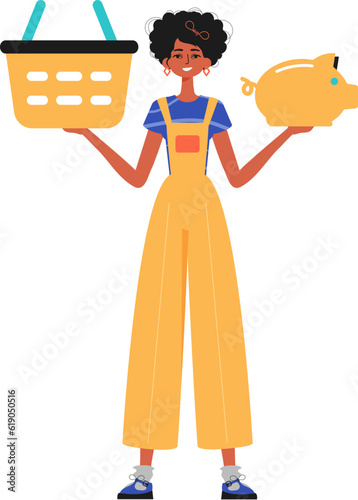 The girlfriend holds a hoggish depository fiscal trip and a stigmatize basket in his hand. Trendy style, Vector Illustration