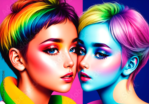 Pop art, lesbian girls loving each other. The concept of LGBT. Generative AI.