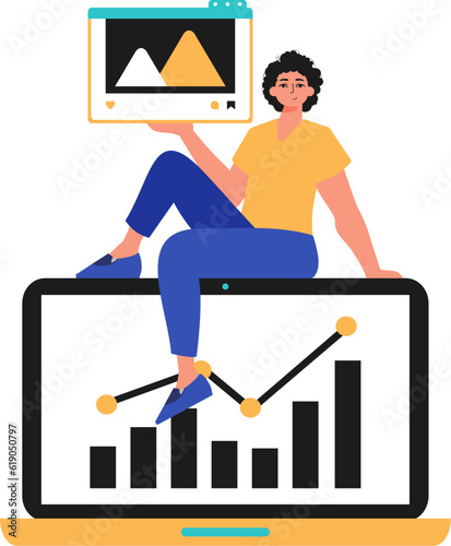 Guy with movie and increase graph . The subject of message mark invention. Trendy style, Vector Illustration © Javvani