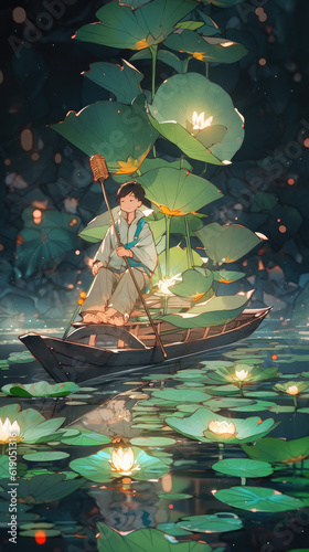 Little girl is sitting in a small boat, rowing in the lake with many lotus leaves on it. Concept of hot summer. Created with Generative AI technology. 