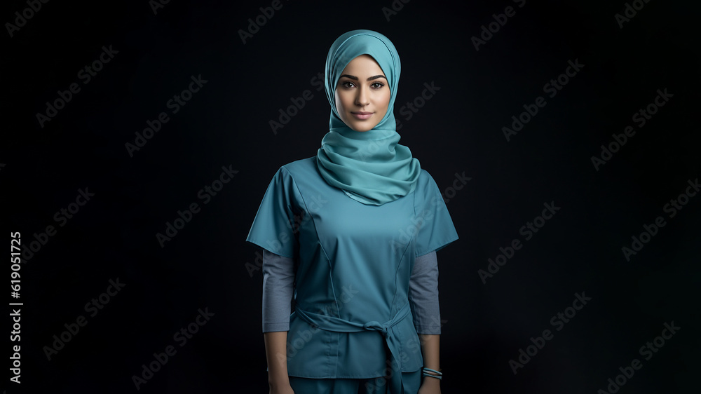 Moderne Muslimische Ärztin mit Kopfbedeckung Hajib Porträt Nahaufnahme Oberkörper mit hübschem Gesicht, ai generativ