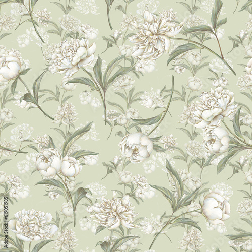Fototapeta Naklejka Na Ścianę i Meble -  White pastel peony seamless pattern. Hand drawn blooming floral background. Soft tones