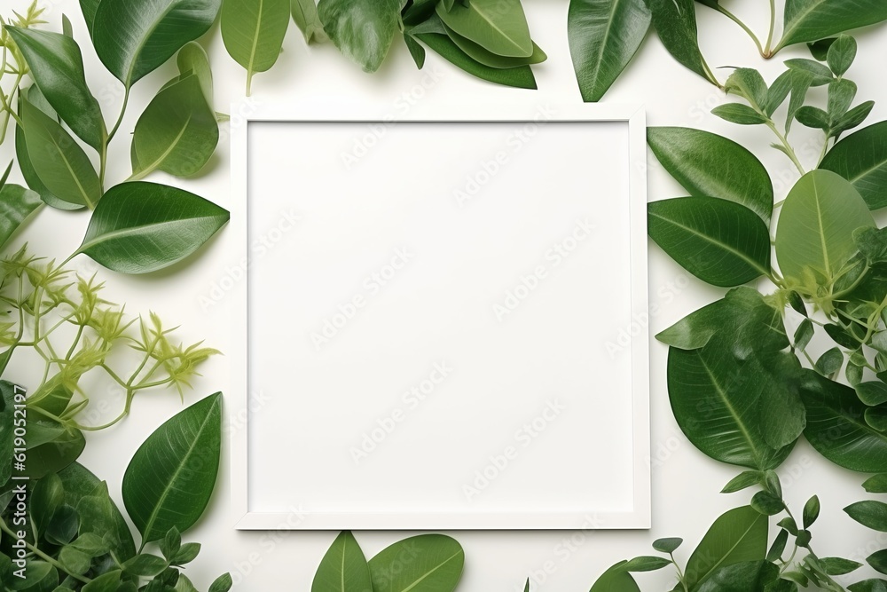 Natural Elegance Green Leaves and White Square Frame Creative Layout for Advertising Card or Invitation AI Generated Natural Elegance Green Leaves and White Square Frame Creative Layout for Advertising Card or Invitation AI Generated
