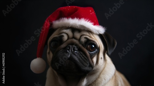 Pug dog wearing Santa's hat. Christmas time concept. Generative Ai technology. © Irina