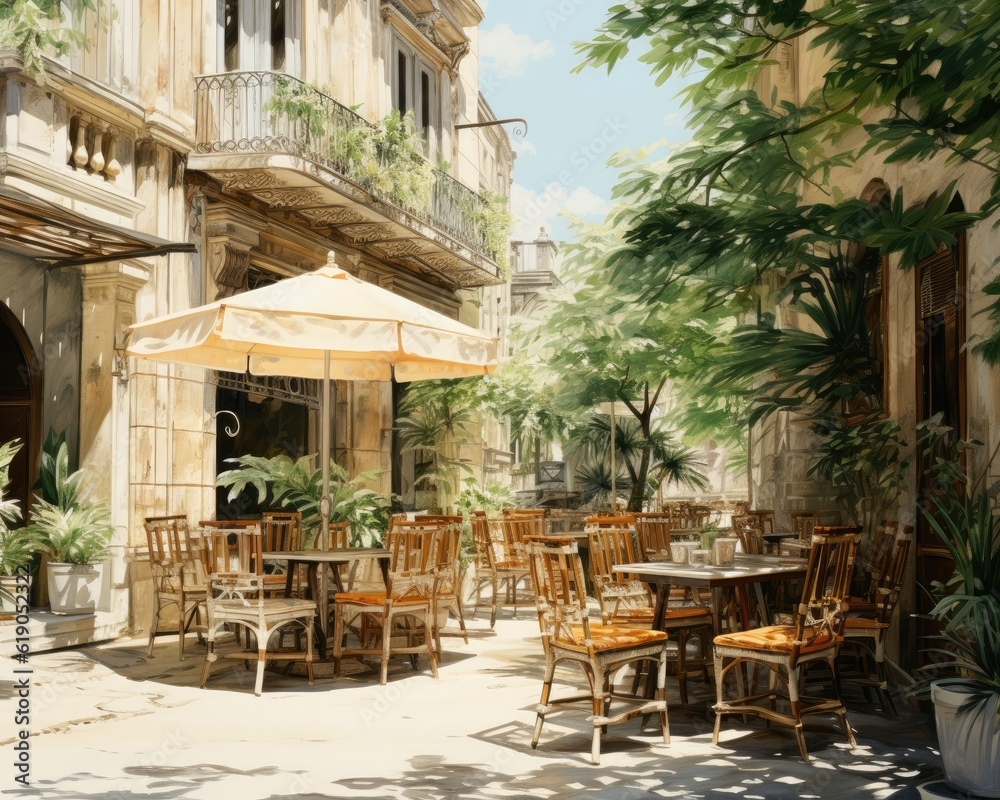 An empty Provencal-style outdoor restaurant in summer illustrated watercolor-style. (Illustration, Generative AI)