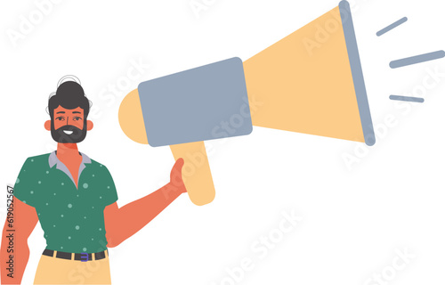 The derision is holding a bullhorn in his hand. Trendy style, Vector Illustration