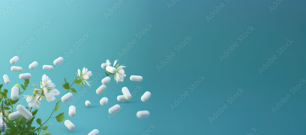 White capsules with green leaves, flowers isolated on light blue flat background with copy space, banner template. Creative concept of natural dietary supplements, ecological vitamins. Generative AI.