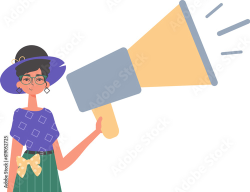 The girlfriend is holding a bullhorn in his bridge musician. Trendy style, Vector Illustration