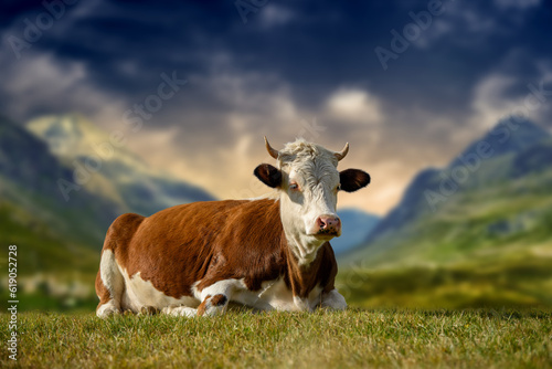 Brown cow grazing on pasture in summer on mountain background