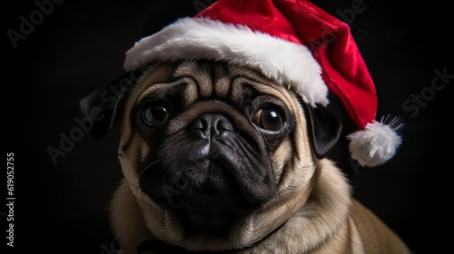 Pug dog wearing Santa's hat. Christmas time concept. Generative Ai technology.