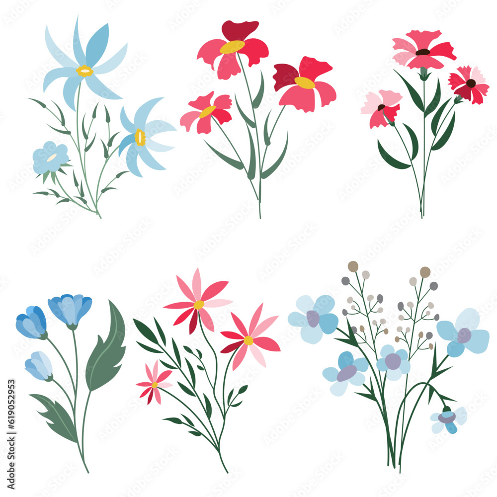 Set of red and blue flowers for your design, flower gift.
