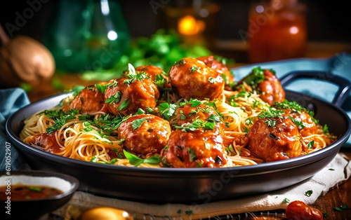 American spaghetti with meatballs, tomato sauce, flavored with garlic and herbs. Italian-American food.