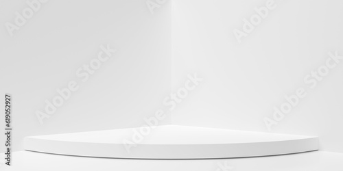 Empty, blank round dais or platform in white room background with angled white side walls, modern minimal product presentation template