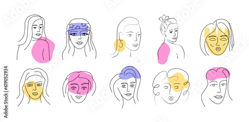 Modern outline woman faces with abstract organic shapes. Doodle female characters. Contemporary line art. Boho style. Sticker, tattoo, logo, emblem, poster design.