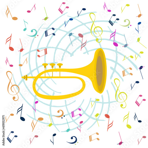 Music Design. Multicolored notes and a trumpet on a white background. For concert, music, stickers, t-shirts.