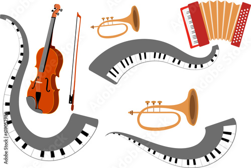 Musical instruments. Violin with bow, trumpet, accordion, piano. Can be used for t-shirt, emblem,  concert, music, school
