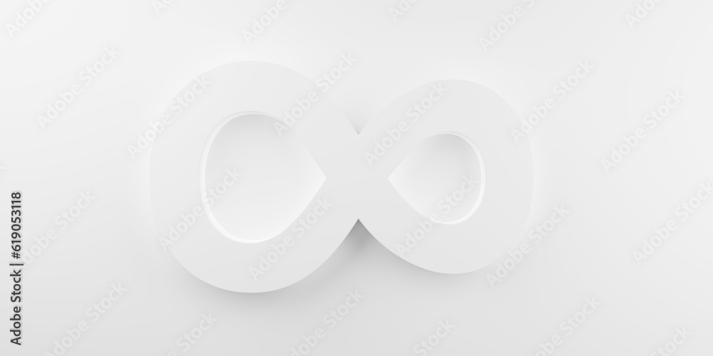 White infinity or eternity loop symbol on white background, abstract modern minimal limitless, forever or endless concept, flat lay top view from above White infinity or eternity loop symbol on white background, abstract modern minimal limitless, forever or endless concept, flat lay top view from above