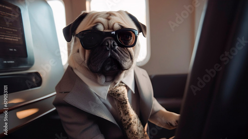 A pug dog boss businessman in sunglasses, suit and tie is flying first class on a plane. Generative Ai technology. © Irina