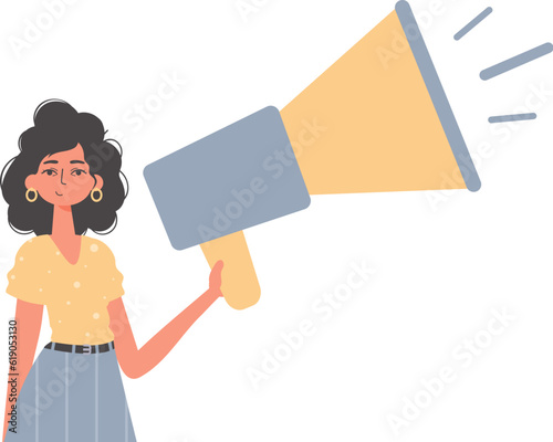 The girlfriend is holding a bullhorn in his bridge musician. Trendy style, Vector Illustration