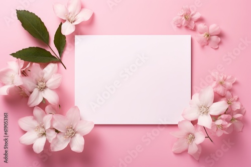 Blooms Pink Flower and White Square Frame Creative Layout for Advertising Card or Invitation AI Generated © ParinApril