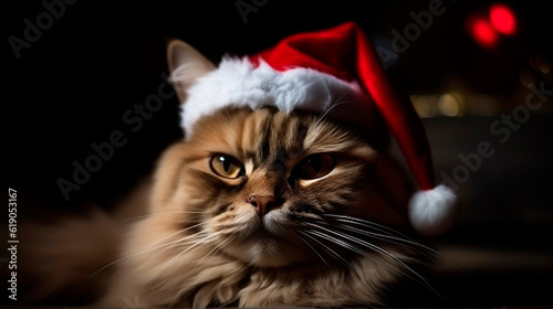 A cat wearing Santa's hat. Christmas time concept. Generative Ai technology.