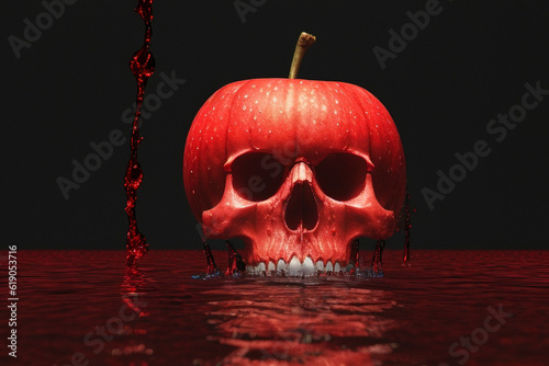 Red scary apple skull with white teeth floats in blood on a dark background. Halloween skull apple. Generative AI photo