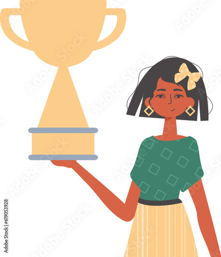 The girlfriend holds the achiever 's cup in his handwrite. Trendy style, Vector Illustration