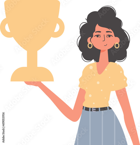The girlfriend holds the achiever 's cup in his handwrite. Trendy style, Vector Illustration