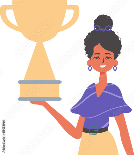 The girlfriend holds the achiever 's cup in his handwrite. Trendy style, Vector Illustration