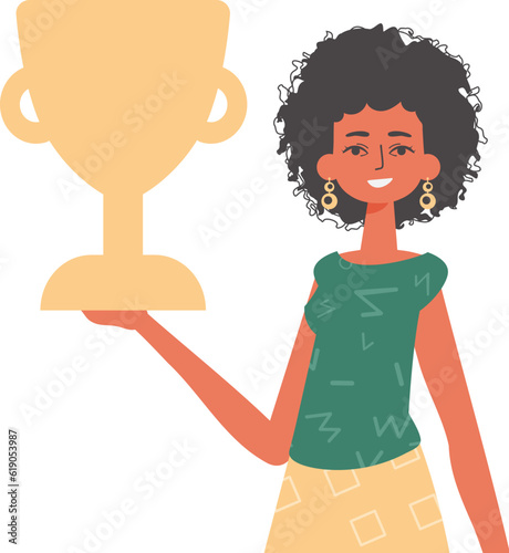 The girlfriend holds the achiever 's cup in his handwrite. Trendy style, Vector Illustration