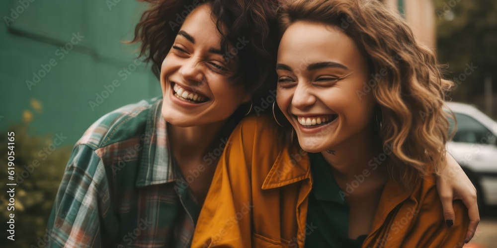 Generative AI. Selfie of two girl friends. Girlfriends make a couple photo 3d illustration concept. LGBT concept. Couple of two happy smiling girls outdoors. Generative AI. Selfie of two girl friends. Girlfriends make a couple photo 3d illustration concept. LGBT concept. Couple of two happy smiling girls outdoors.